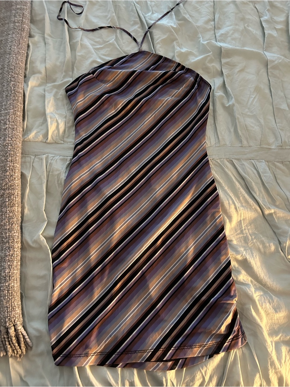 Motel Rocks Diagonal Stripe Halter Mini Dress in Purple, Black & Cream